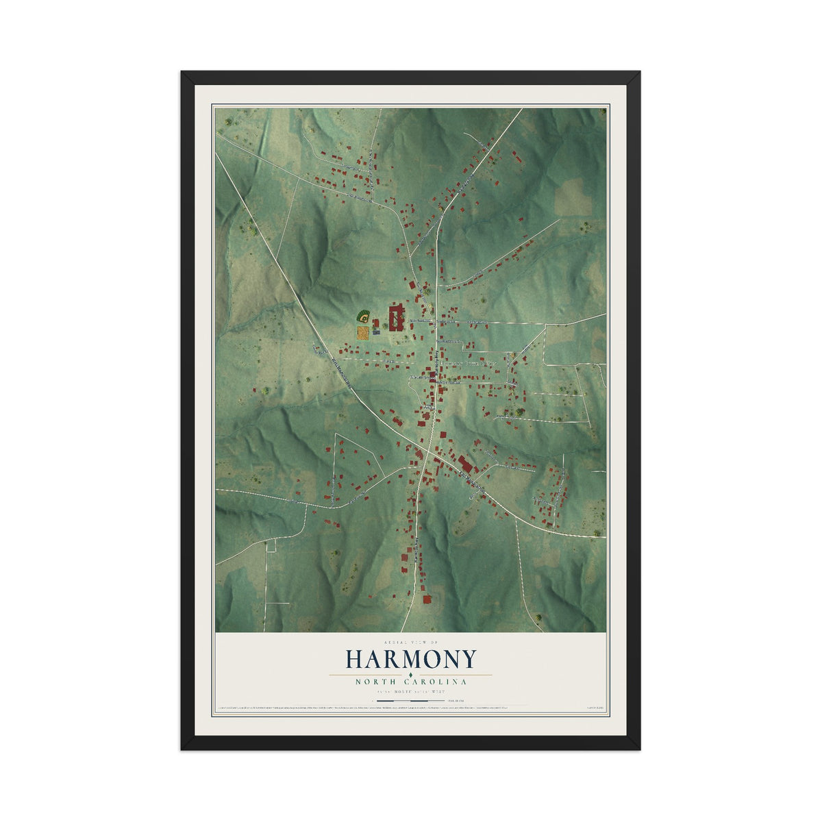 Map of Harmony, North Carolina, 12 x 18 inch print in a black wood frame