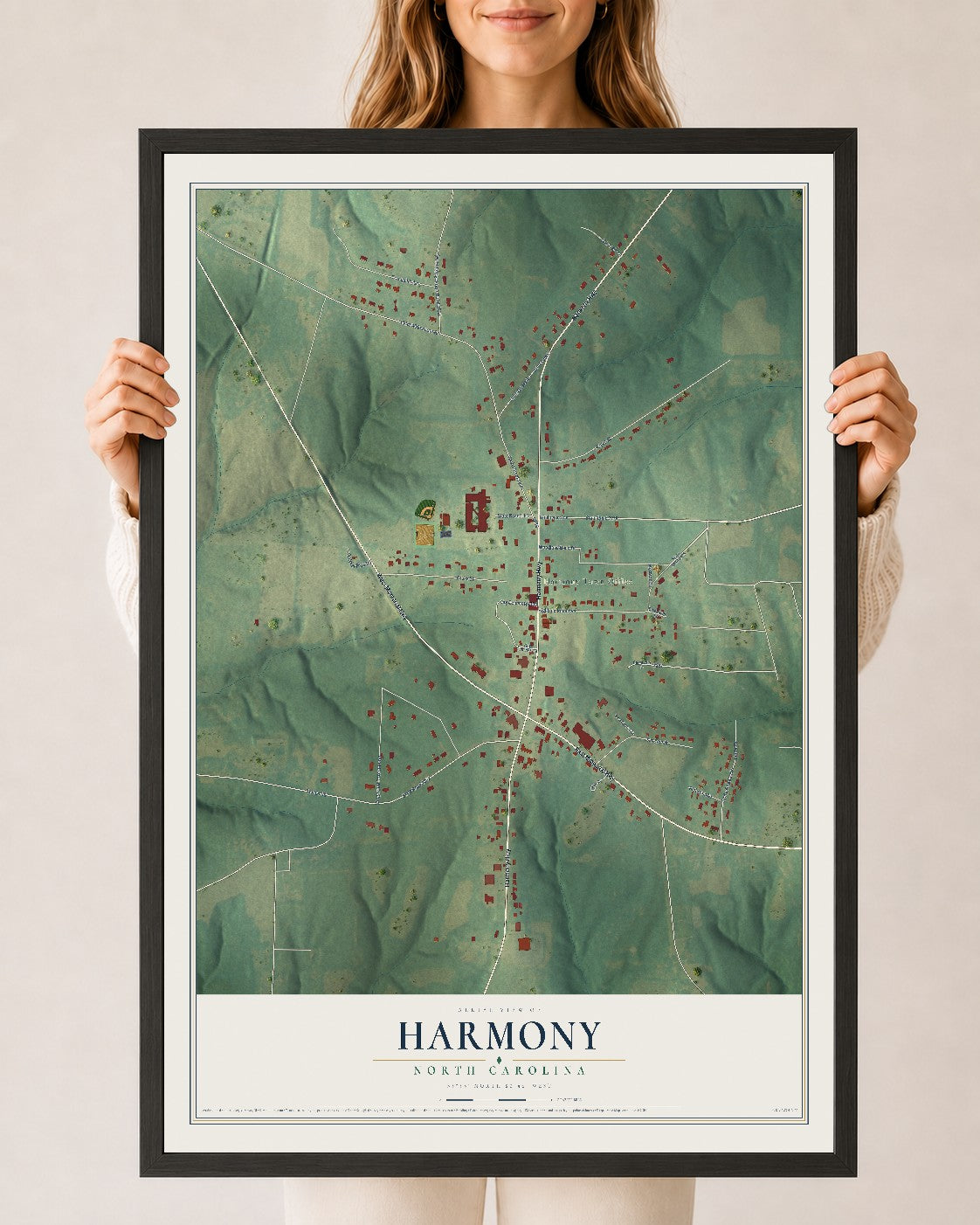Map of Harmony, North Carolina, 24 x 36 inch print in a black wood frame