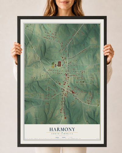 Map of Harmony, North Carolina, 24 x 36 inch print in a black wood frame