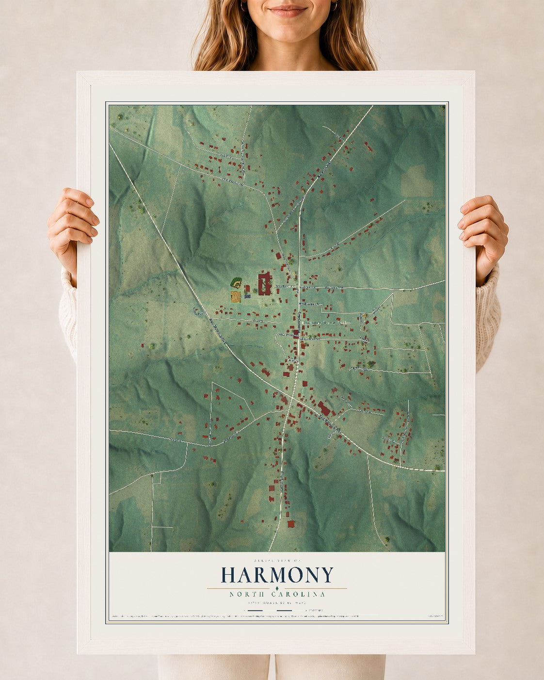 Map of Harmony, North Carolina, 24 x 36 inch print in a white wood frame