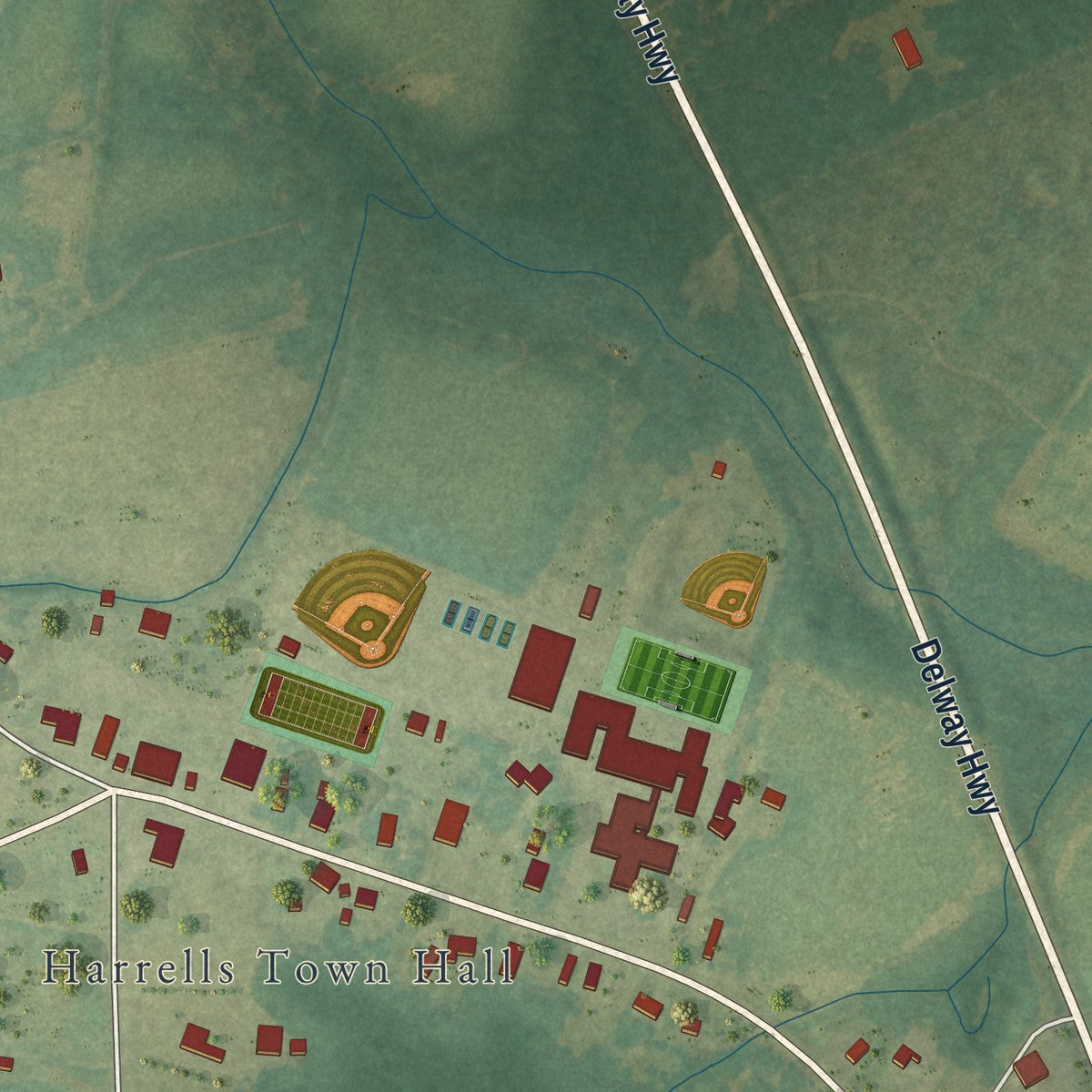 Close-up of the map of Harrells, North Carolina print showing street and building detail