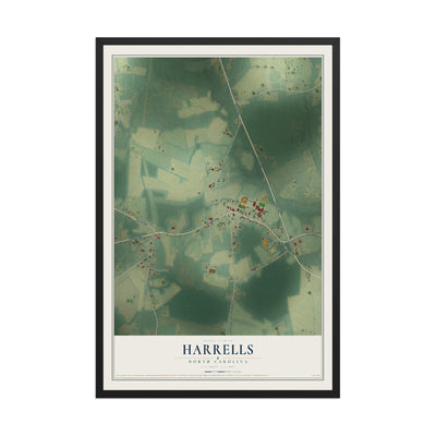 Map of Harrells, North Carolina, 12 x 18 inch print in a black wood frame