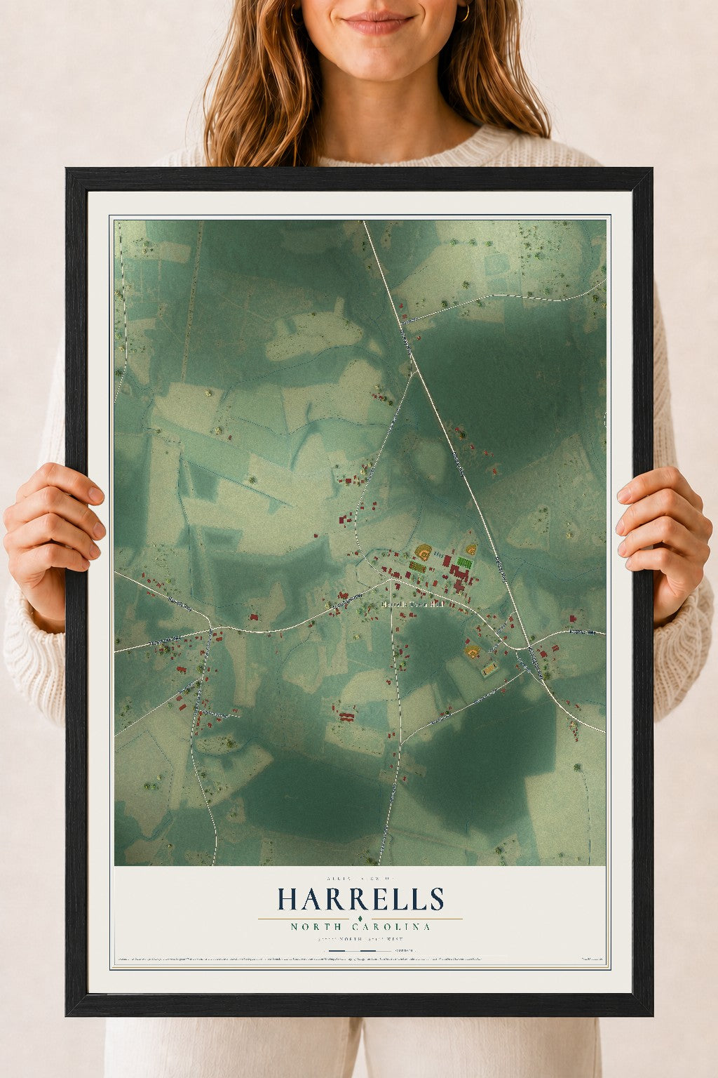 Map of Harrells, North Carolina, 18 x 24 inch print in a black wood frame