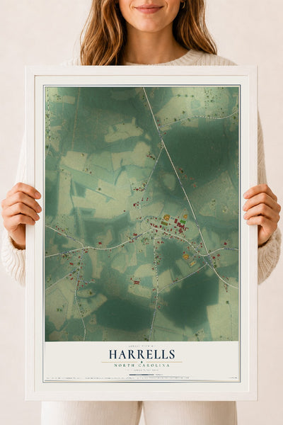 Map of Harrells, North Carolina, 18 x 24 inch print in a white wood frame