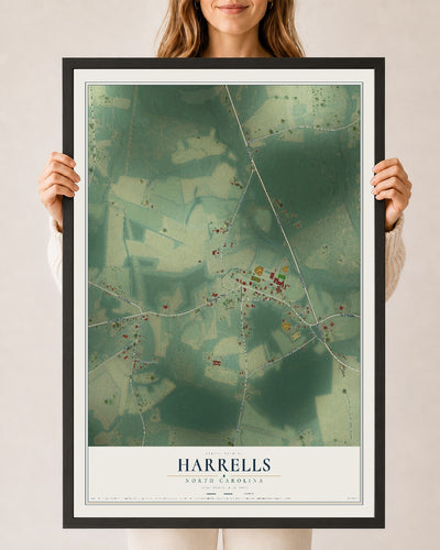 Map of Harrells, North Carolina, 24 x 36 inch print in a black wood frame