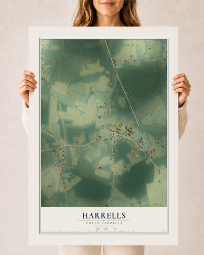 Map of Harrells, North Carolina, 24 x 36 inch print in a white wood frame