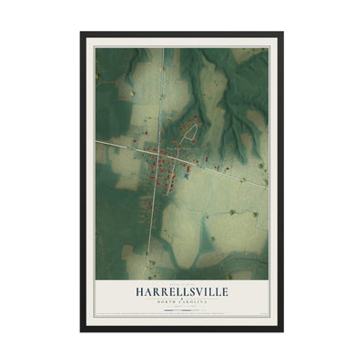 Map of Harrellsville, North Carolina, 12 x 18 inch print in a black wood frame