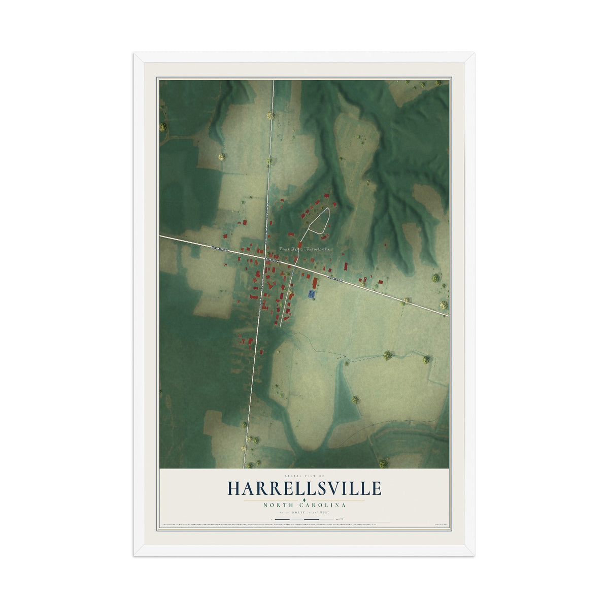 Map of Harrellsville, North Carolina, 12 x 18 inch print in a white wood frame