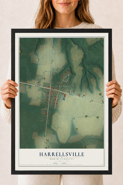 Map of Harrellsville, North Carolina, 18 x 24 inch print in a black wood frame