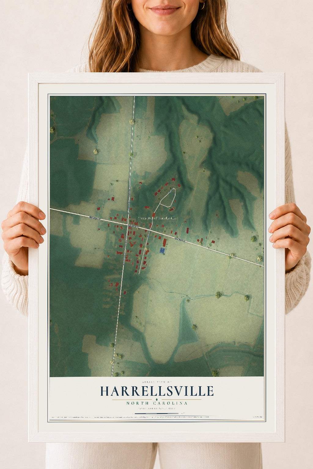 Map of Harrellsville, North Carolina, 18 x 24 inch print in a white wood frame