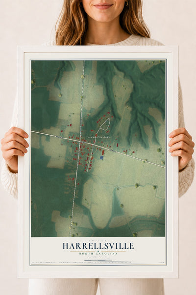 Map of Harrellsville, North Carolina, 18 x 24 inch print in a white wood frame