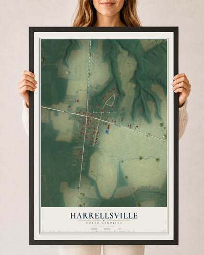 Map of Harrellsville, North Carolina, 24 x 36 inch print in a black wood frame