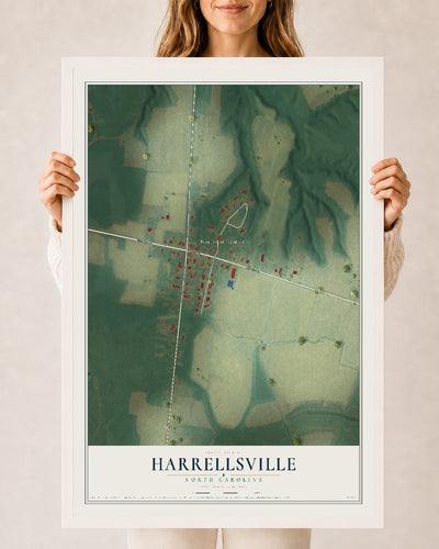 Map of Harrellsville, North Carolina, 24 x 36 inch print in a white wood frame