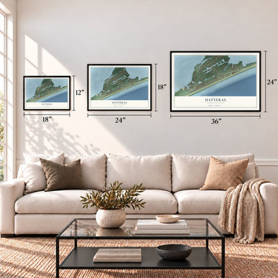 Hatteras, North Carolina map in 12 x 18, 18 x 24 and 24 x 36 inch sizes above a sofa