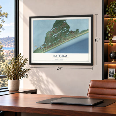 Hatteras, North Carolina map, 18 x 24 inch print in a black frame in a home office