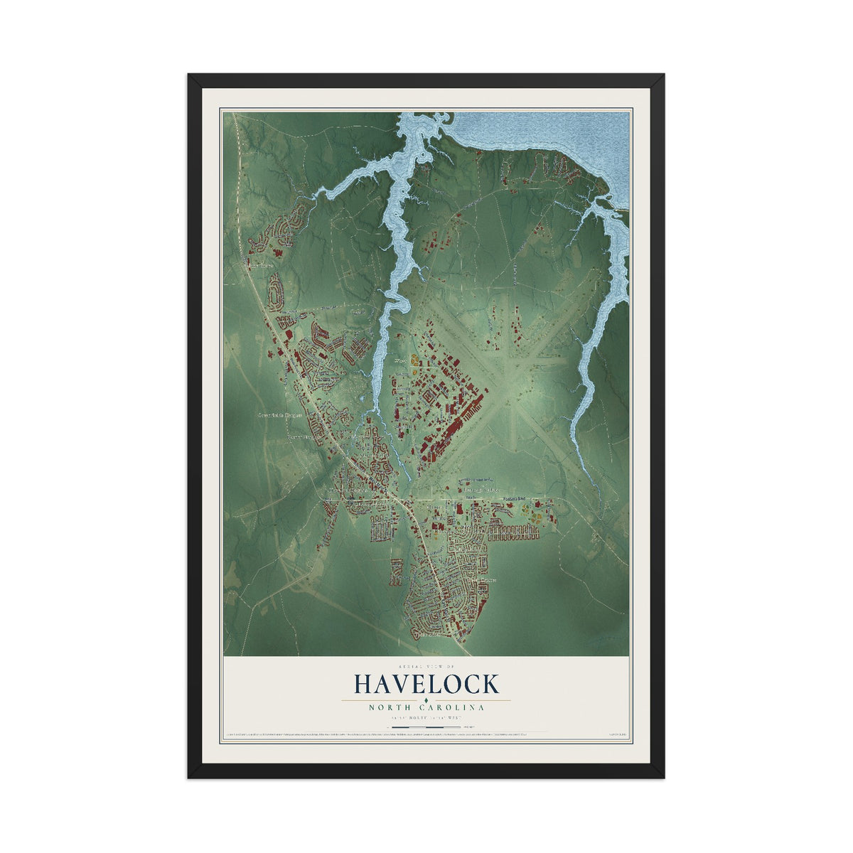 Map of Havelock, North Carolina, 12 x 18 inch print in a black wood frame
