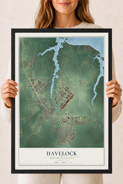 Map of Havelock, North Carolina, 18 x 24 inch print in a black wood frame