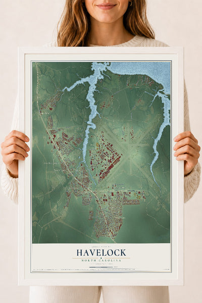 Map of Havelock, North Carolina, 18 x 24 inch print in a white wood frame