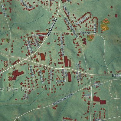Close-up of the map of Haw River, North Carolina print showing street and building detail