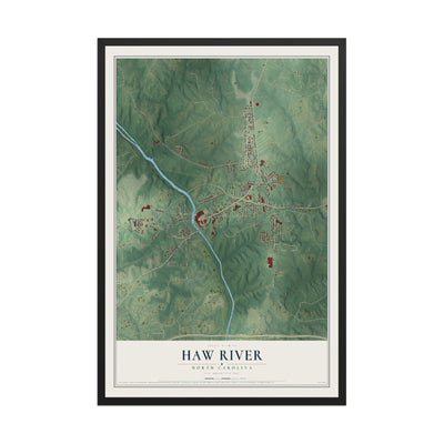 Map of Haw River, North Carolina, 12 x 18 inch print in a black wood frame