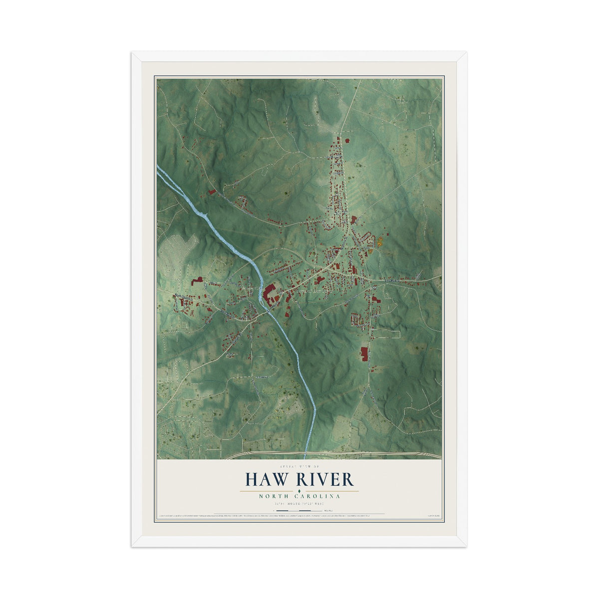 Map of Haw River, North Carolina, 12 x 18 inch print in a white wood frame