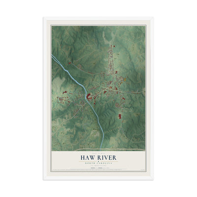 Map of Haw River, North Carolina, 12 x 18 inch print in a white wood frame