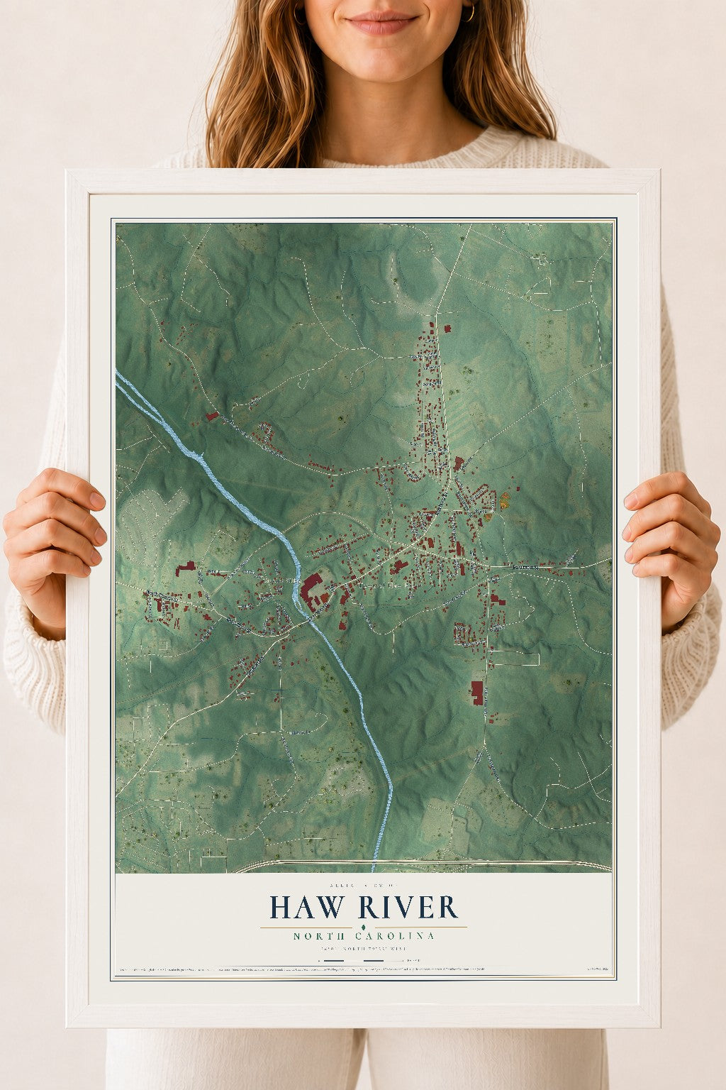 Map of Haw River, North Carolina, 18 x 24 inch print in a white wood frame