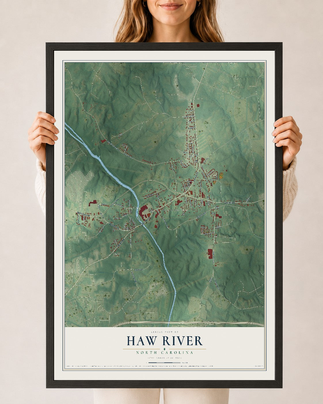 Map of Haw River, North Carolina, 24 x 36 inch print in a black wood frame