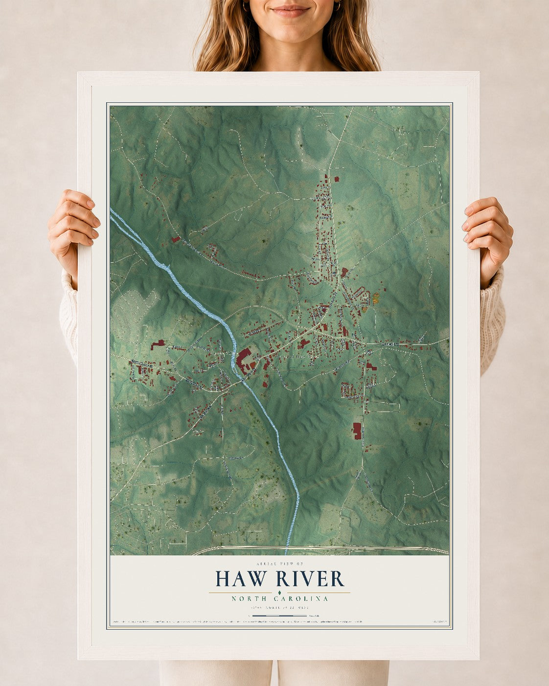 Map of Haw River, North Carolina, 24 x 36 inch print in a white wood frame