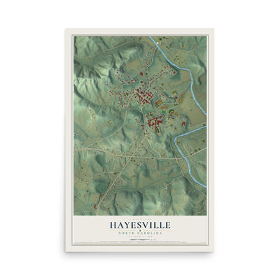 Map of Hayesville, North Carolina, 12 x 18 inch unframed archival matte print