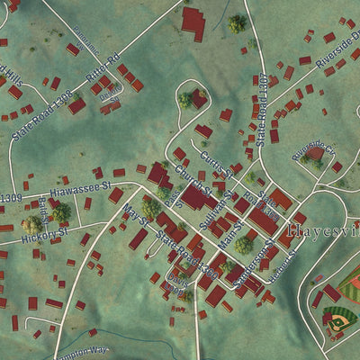 Close-up of the map of Hayesville, North Carolina print showing street and building detail