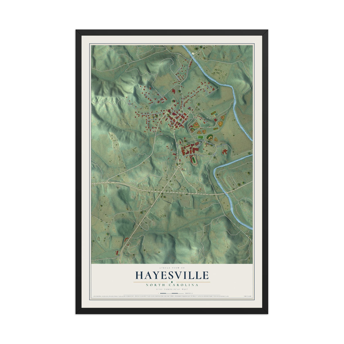 Map of Hayesville, North Carolina, 12 x 18 inch print in a black wood frame