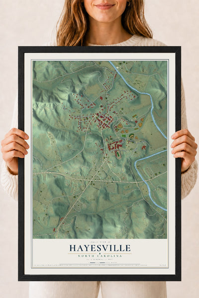 Map of Hayesville, North Carolina, 18 x 24 inch print in a black wood frame