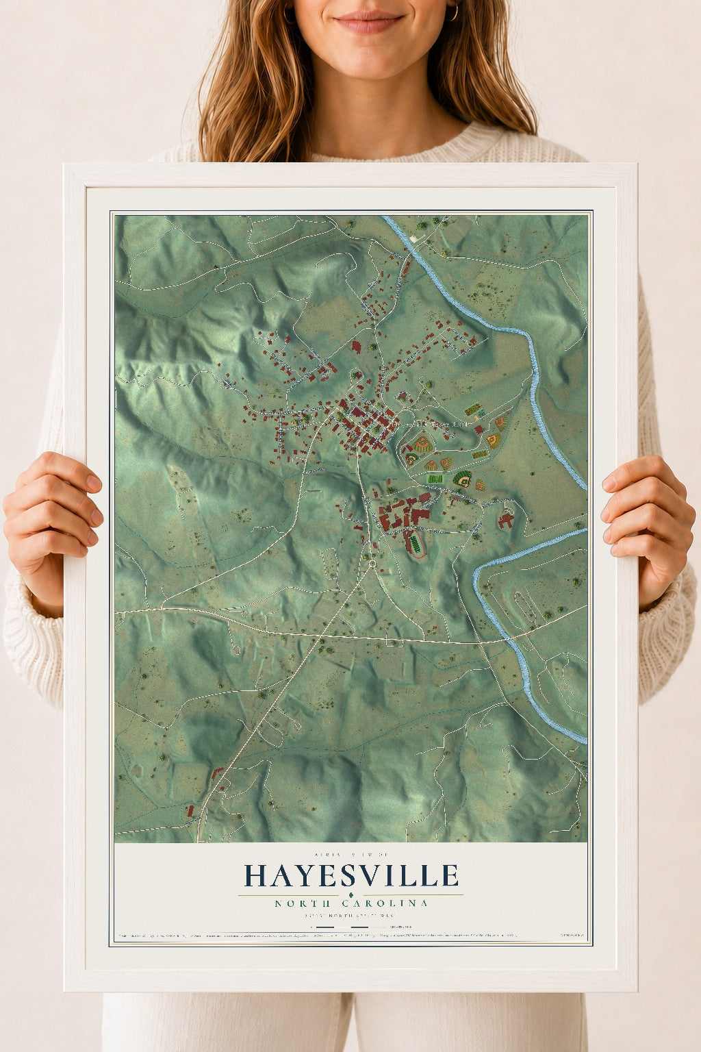 Map of Hayesville, North Carolina, 18 x 24 inch print in a white wood frame