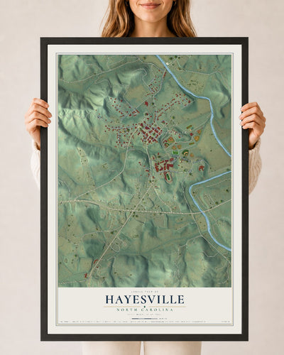 Map of Hayesville, North Carolina, 24 x 36 inch print in a black wood frame