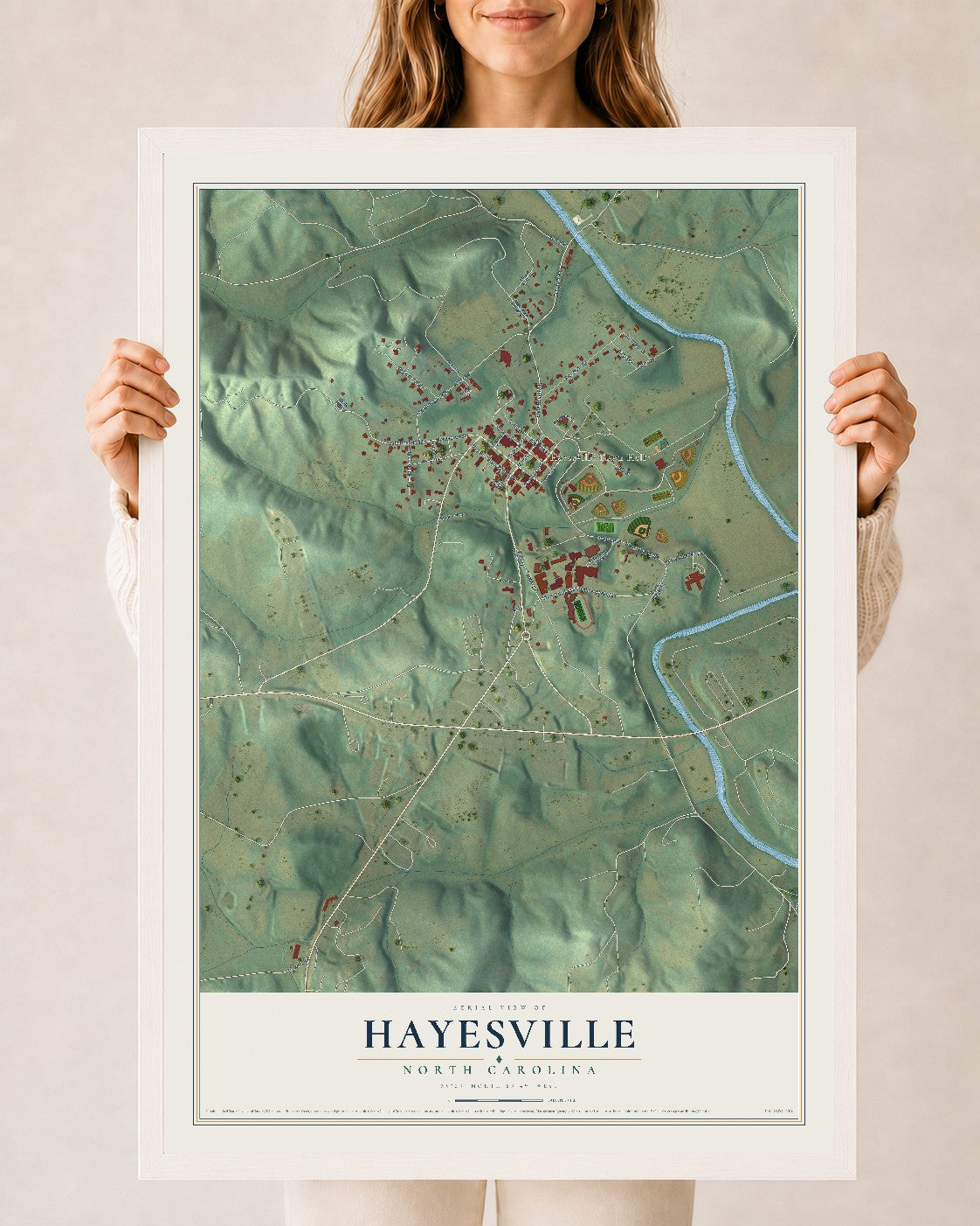 Map of Hayesville, North Carolina, 24 x 36 inch print in a white wood frame