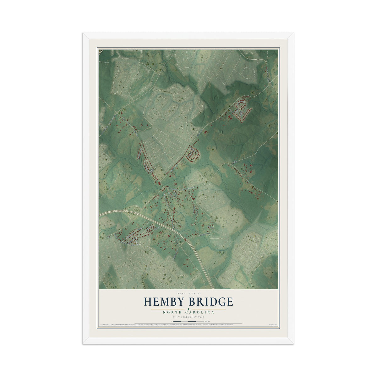 Map of Hemby Bridge, North Carolina, 12 x 18 inch print in a white wood frame