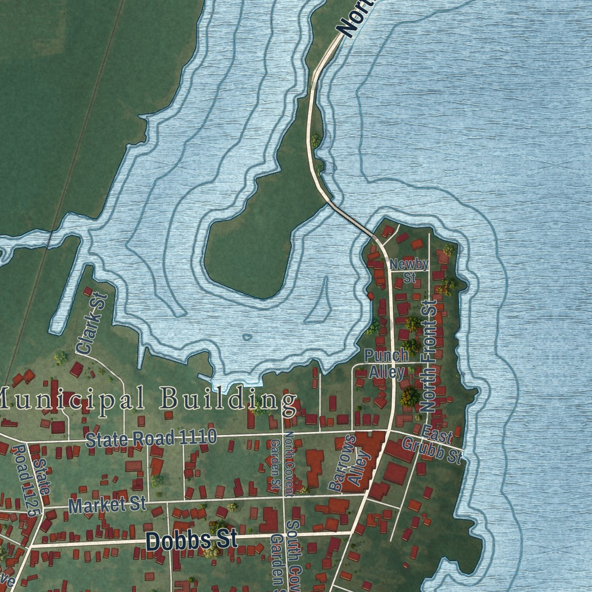 Close-up of the map of Hertford, North Carolina print showing street and building detail