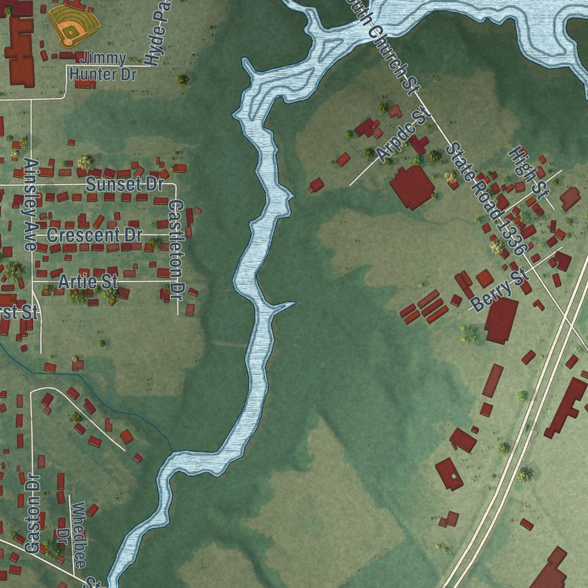 Second close-up of the map of Hertford, North Carolina print showing more streets and buildings