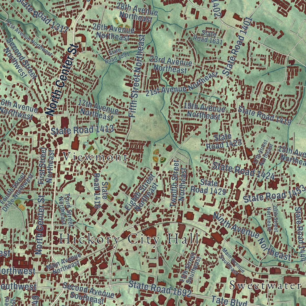 Close-up of the map of Hickory, North Carolina print showing street and building detail