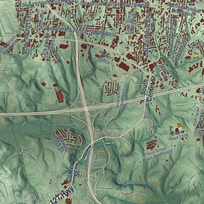 Second close-up of the map of Hickory, North Carolina print showing more streets and buildings
