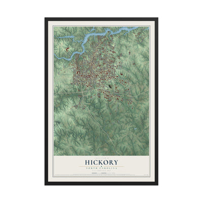Map of Hickory, North Carolina, 12 x 18 inch print in a black wood frame
