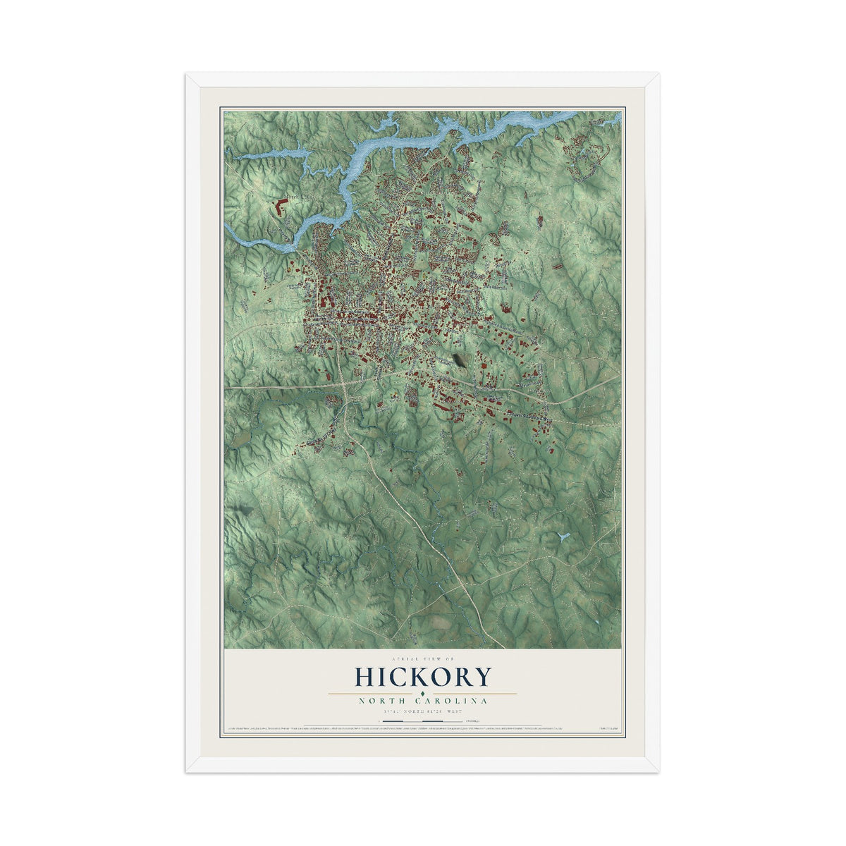 Map of Hickory, North Carolina, 12 x 18 inch print in a white wood frame