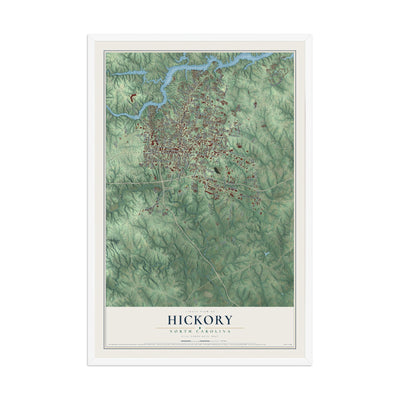 Map of Hickory, North Carolina, 12 x 18 inch print in a white wood frame