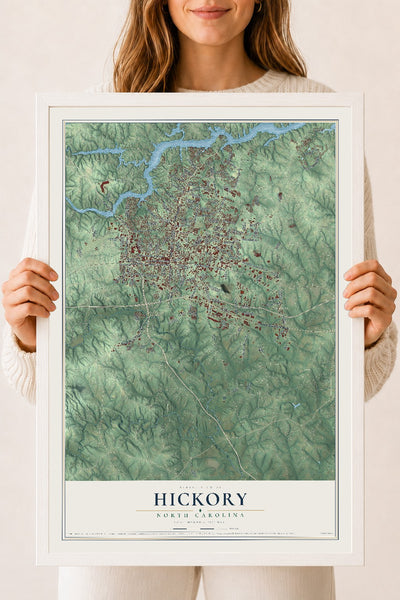 Map of Hickory, North Carolina, 18 x 24 inch print in a white wood frame
