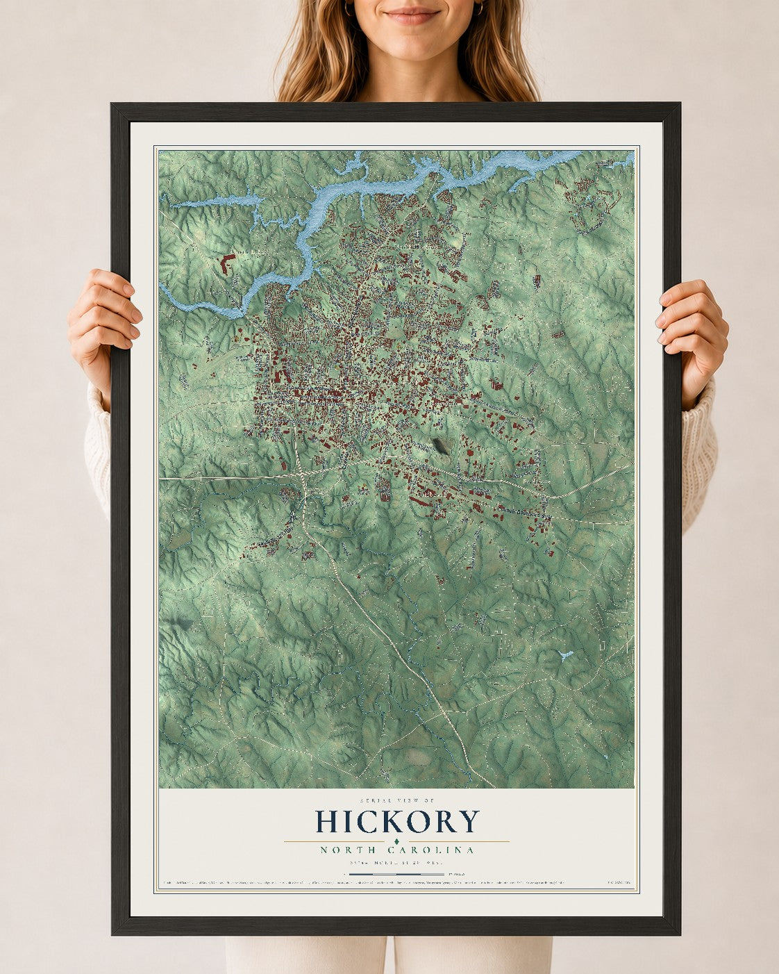 Map of Hickory, North Carolina, 24 x 36 inch print in a black wood frame