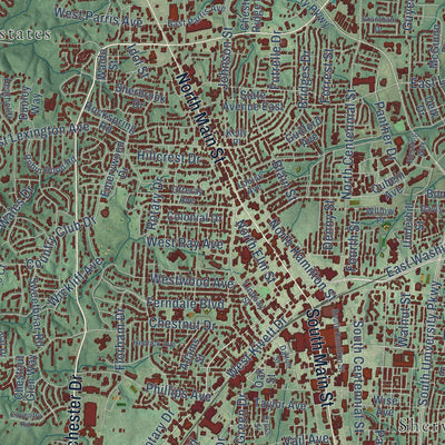 Close-up of the map of High Point, North Carolina print showing street and building detail