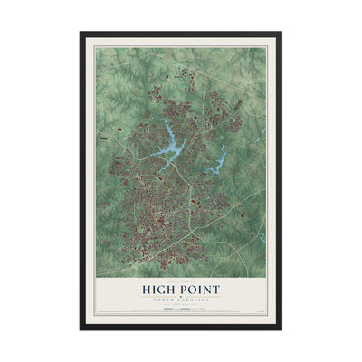 Map of High Point, North Carolina, 12 x 18 inch print in a black wood frame