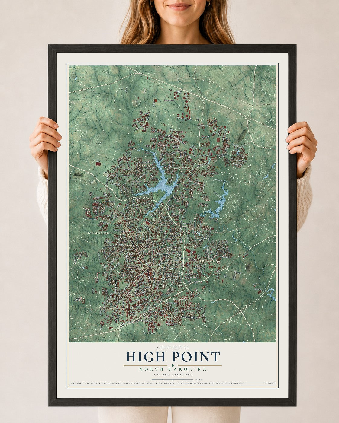 Map of High Point, North Carolina, 24 x 36 inch print in a black wood frame