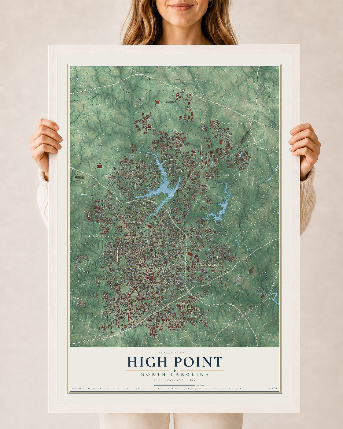 Map of High Point, North Carolina, 24 x 36 inch print in a white wood frame